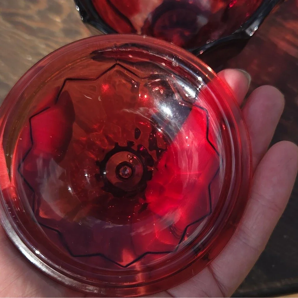 Vintage Red Glass Covered Bowl w/ Lid | Decorative Two-Piece Set